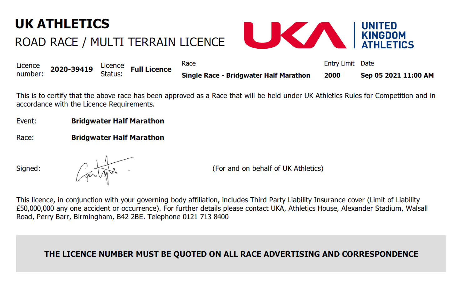 Half Marathon Licence